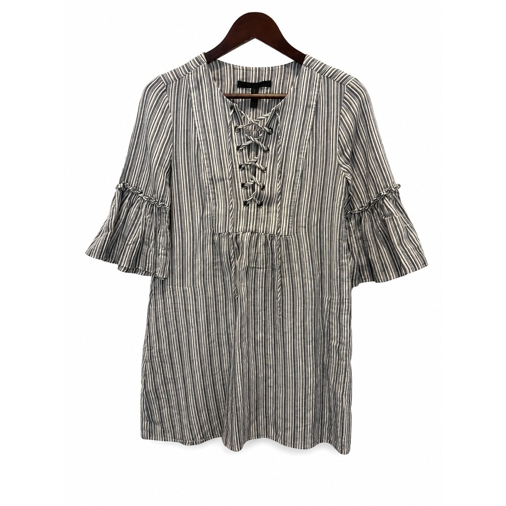 BCBG Maxazria Women Size XS Striped Lace Up Ruffle Sleeve Tunic Top Blue White E